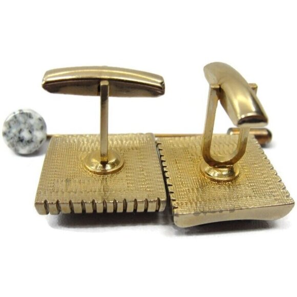 Vintage Blue Marble Gold Tone Vintage Cufflink Set with Stick Pin - Picture 9 of 12